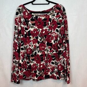 Kate Hill womans pima‎ cotton Red long sleeve rose pattern soft knit blouse 2X